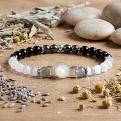 Moon Phase Beaded Bracelet Selenite Labradorite Black Obsidian Hematite Lunar