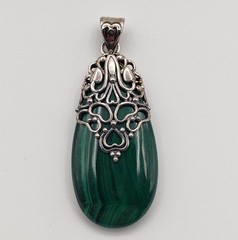 Doug Paulus 925 Sterling Silver Filigree Malachite Pendant Teardrop Green