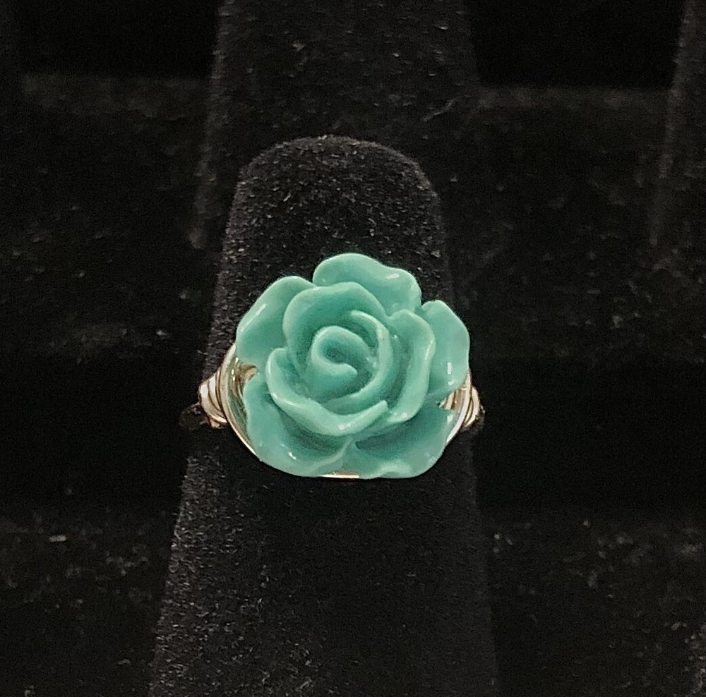 Turquoise Rose Ring, Silver Plated Wire, Size 5. Handmade Jewelry, Gift.