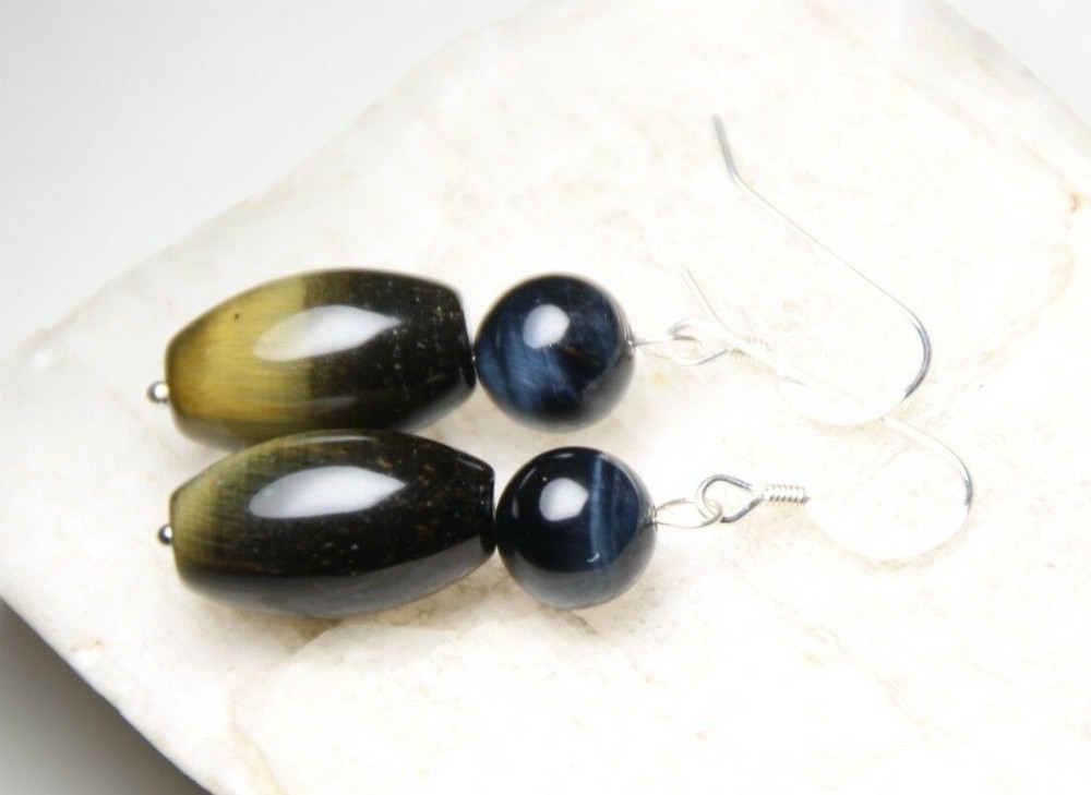 Tiger’s Eye Brown and Blue Barrel Shape Gemstone 925 Sterling Silver Earrings