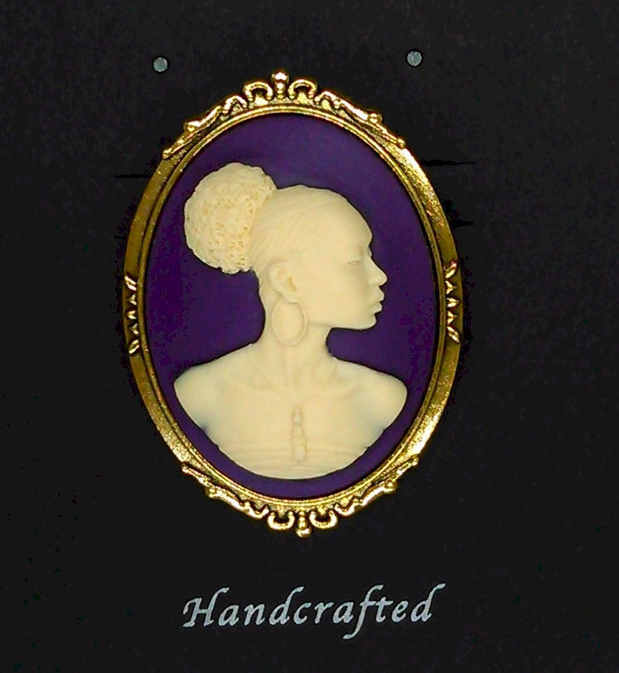 African American Woman Gold Brooch Pin Purple and Ivory African Jewelry Cameo Pi