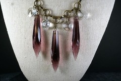 N#9, Handcrafted Necklace, Bronze Toned w/ Purple Glass Prisms, Crystals, 24 in.