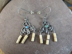 Vintage Teal Enamel & Tan Beads Silver-tone Chandelier Wire Hook Earrings #232
