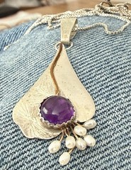 Vtg Designer Sterling 925 Amethyst, Pearl Beads Gold Wire Pendant Necklace 18”in
