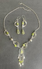 Peruvian Green Serpentine Semi-Precious Stone Necklace Long Earring Set Boho