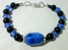 BLUE BLACK BRACELET NATURAL AGATE GEMSTONE BEAD CZECH GLASS BEADS SILVER PLATED