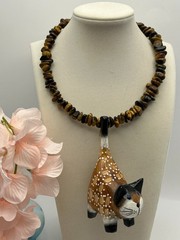 Handcrafted Cat Pendant on Tiger’s Eye Gemstone Necklace, 16-17.5 long.