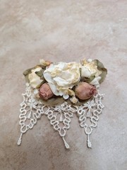 Audrey Pearson Handmade Floral Lace Brooch 3″x2″ Cottagecore Roses Dried Flowers