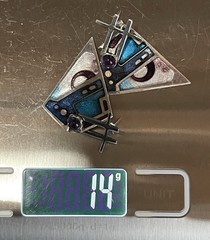 Modernist Silver Teal Enamel Inlay Earrings Triangle Shape Purple Cabachon 1980s