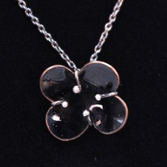 925 Sterling Silver Black Enamel Artisan Style Flower Pendant Necklace Unique