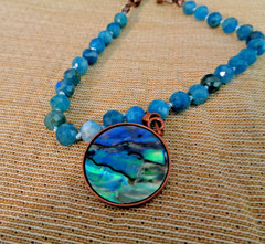 Artisan crafted,Abalone pendant on 18” faceted apatite and copper strand. Beauti