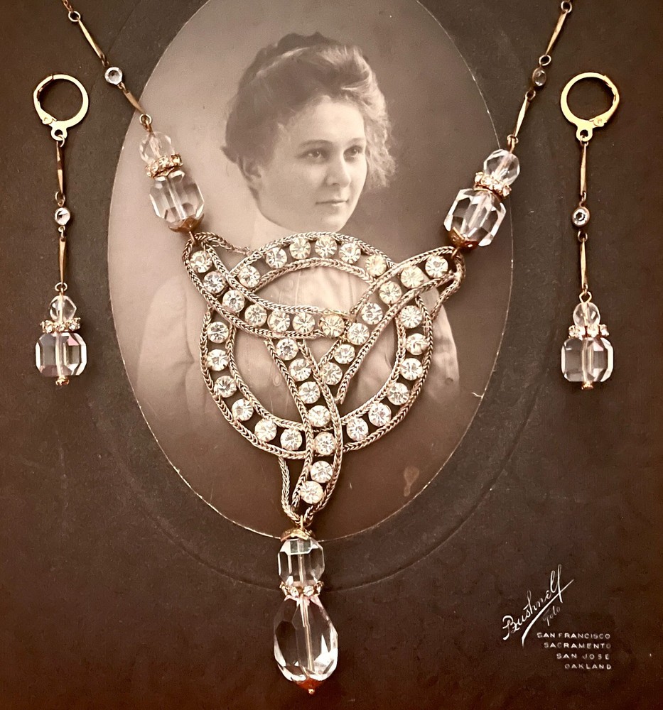 Stunning Antique Edwardian Paste, Rhinestone Necklace & Earrings, Bridal, Gold