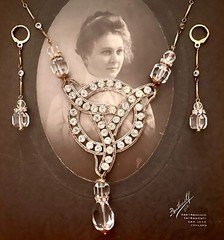 Stunning Antique Edwardian Paste, Rhinestone Necklace & Earrings, Bridal, Gold