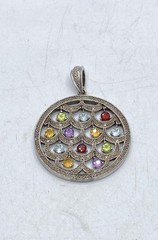 Sterling Silver 925 Multi-Gemstone Circle Pendant Scalloped Openwork 2.1″