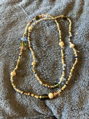 Glass And Stone Bead 32” Necklace Handcrafted Beige Blue Tones