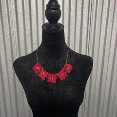 Bold Red Layered Flower Statement Necklace Gold Chain Glam Floral Jewelry