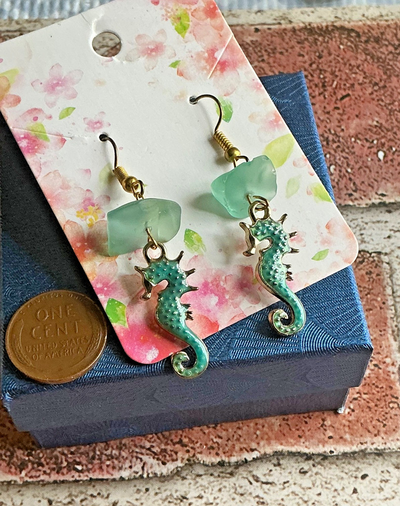 Handcrafted Seahorse & Sea Glass Dangle Earrings – Beach Vacation Jewelry