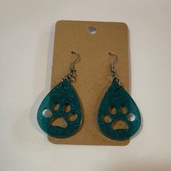 Handmade epoxy resin paw print earrings – teal green shimmer