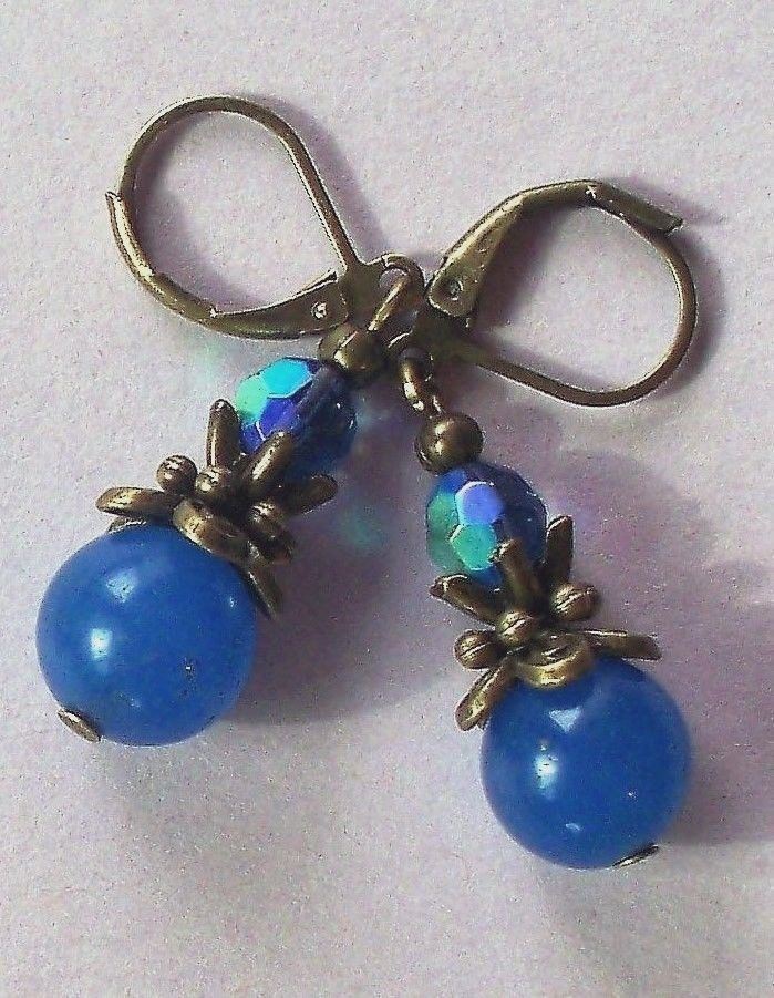 dark blue BLUE JADE & AB Crystal earring BRONZE LEVERBACK artisan#475-4