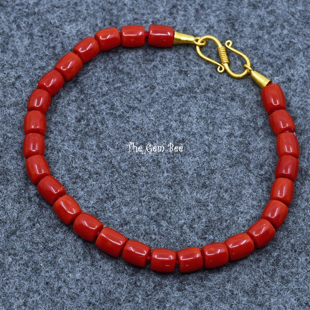 18K Solid Yellow Gold Undyed Ox Blood Red Sardinia Barrel Red Coral Bracelet