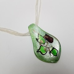 Hand Blown Glass Pendant Beaded Necklace Murano Style Art 16″ Green