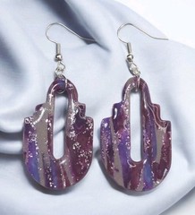 Handcrafted Bohemian Polymer Clay Resin Silver Dangle Earrings Purple Gray
