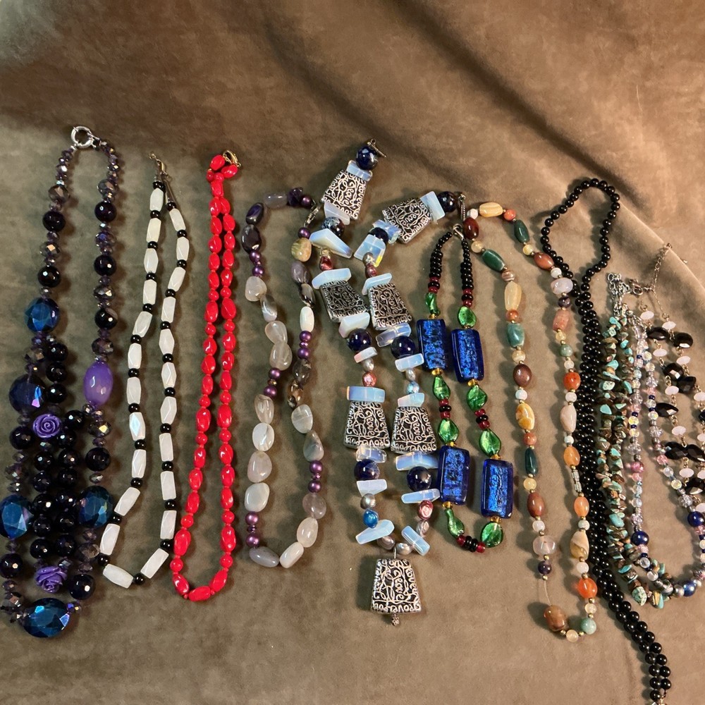 Handmade necklace lot of 11 pieces glass Gemstone Red Blue Black Etc.