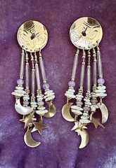 TABRA 14k Gold-Fill Embossed Moon & Stars Rose Quartz Pearl Chandelier Earrings