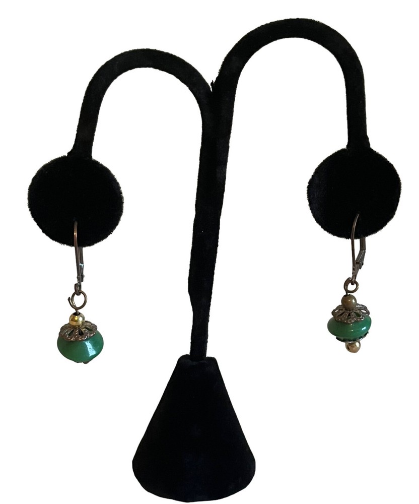 Vintage Drop Earrings Artisan Handmade Antiqued Bronze Gold Tones Green Stone