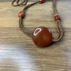 Natural Carnelian Agate Round Pendant Woven Cord Necklace With Barrel Beads