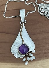 Vtg Designer Sterling 925 Amethyst, Pearl Beads Gold Wire Pendant Necklace 18”in