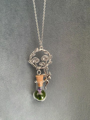 Faerie Mushroom Necklace Vial of Moss Dried Purple Statice Flower