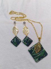 Handcrafted Earring Necklace Set Polymer Clay Green Blue Pendant Gold Chain