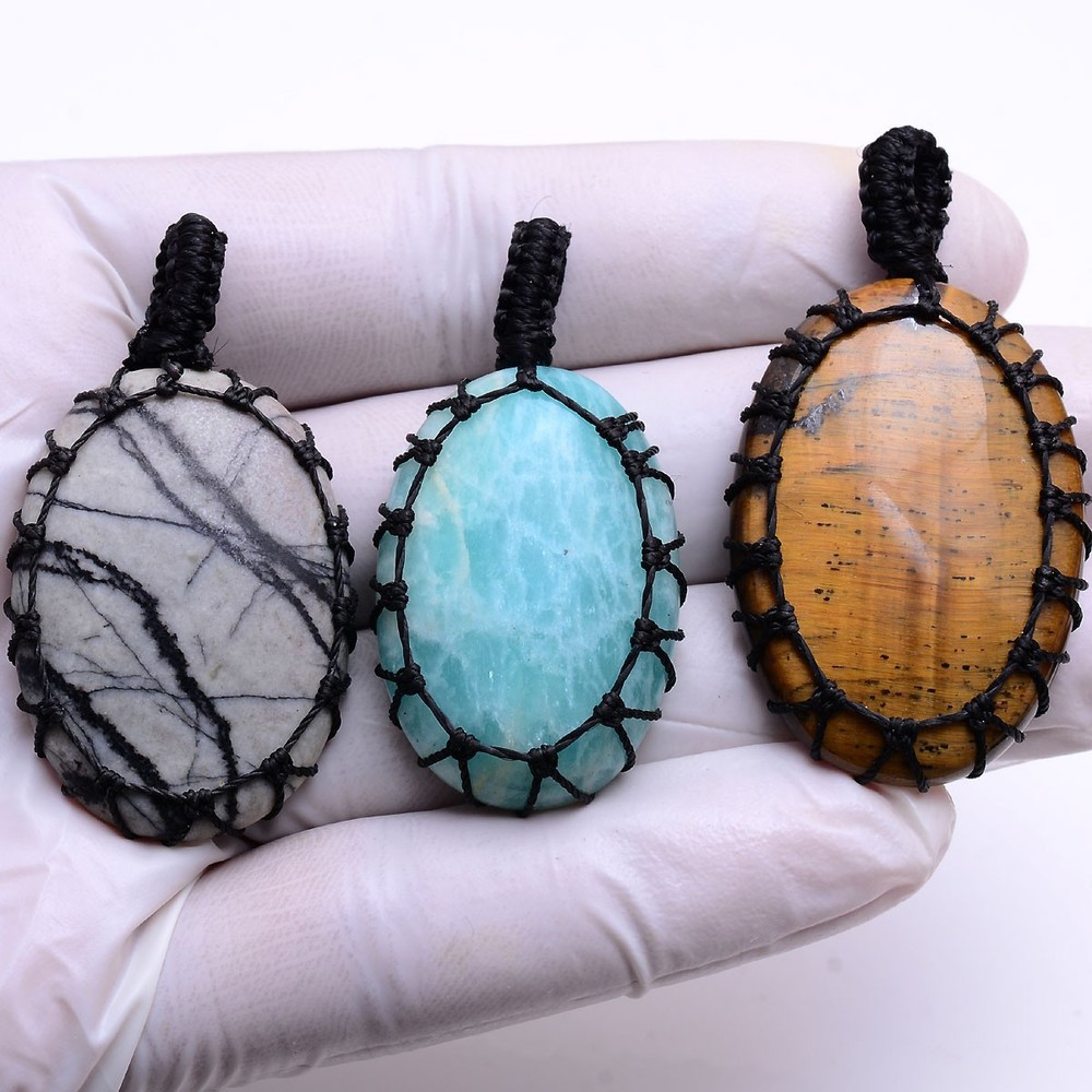 Wholesale 3 Pcs Handmade Natural Mix Gemstones Macrame Healing Crystal Pendants