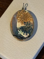 Silver Wrapped Resin Domed Pendant with dried flowers & cute pair of owls
