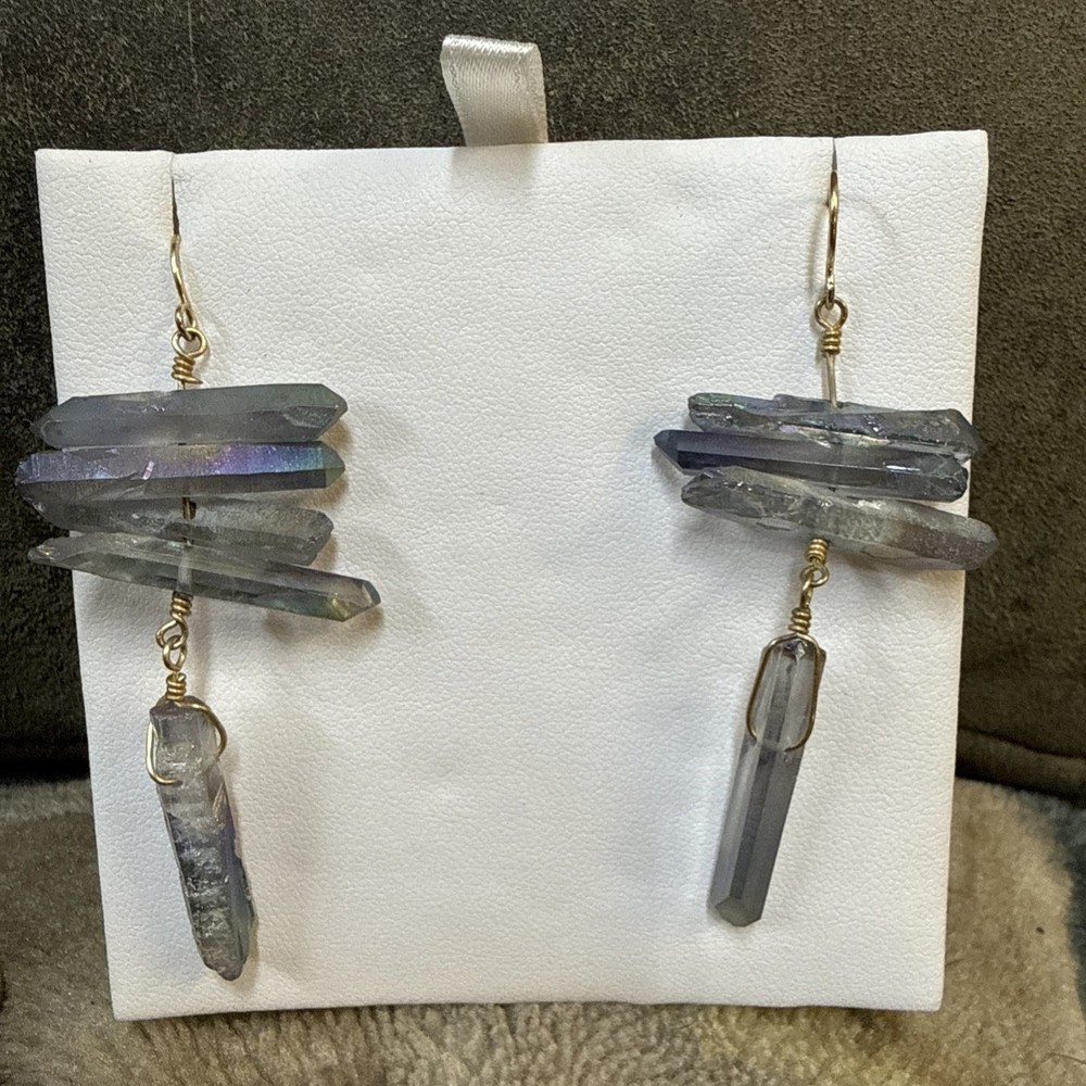 Aura quartz crystal dangle earrings. 14k Wire Wrap.