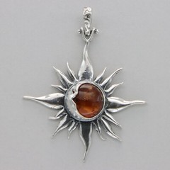 Cognac / Brown BALTIC AMBER Sun Star Moon Pendant – 925 STERLING SILVER #2425e