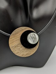 Modernist Artist Made Wood Mother Of Pearl Vinyl Cord Necklace Magnetic Clasp