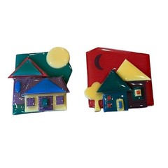 2 Vintage House Pins by Lucinda Brooch Resin 2″×2” Moon Primary Colors 1980s 3-D