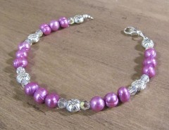 Hot Pink Freshwater Pearl Bracelet, AB Crystal, Pewter Flower Beads, Gift Box