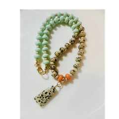 Beaded Dalmatian Jasper Trapezoid Pendant Necklace Gold Charm Hook Closure