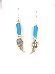 Handmade Angle Wing Caribbean Blue Sea Glass Silver Plated Hooks