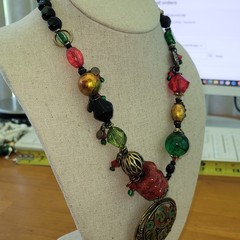 Artisan Mosaic Enamel Medallion Necklace Lampwork Foil Beads Chunky Boho