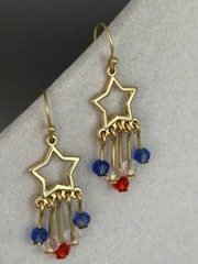 14k Gold Plated, Americana (Red/White/Blue) Star, Dangle Earrings, Patriotic