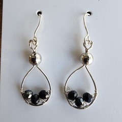 Teardrop Earrings Handcrafted Copper Wire, Silver Plated, Tourmaline, 1.75 in