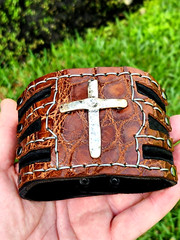 Men Bracelet Cross genuine Buffalo Bison and Alligator leather cuff one of kind