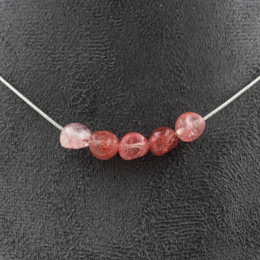 Necklace 5 beads Strawberry Quartz from Madagascar Steel chain Women necklace