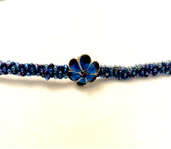 Choker Necklace Cobalt Blue Seeds and Enamel Metal Flower 12 1/2″ -14″ Hand Made