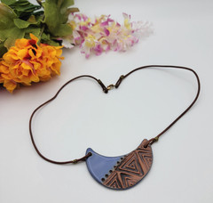 Bohemian Ceramic Art Pendant Cord Necklace Brown/Blue 19″