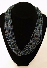 Handmade Necklace GLASS BEADS IRIDESCENT BLUE PEACOCK 18 inch 20 Strands Adjust